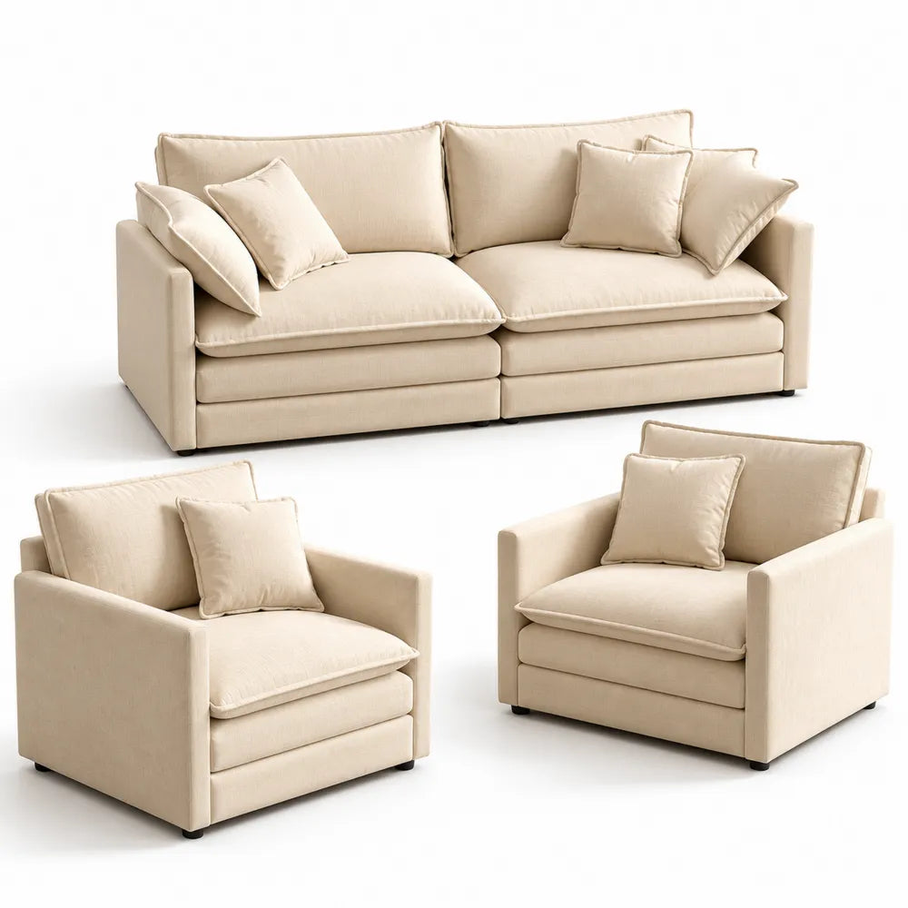 Set di Divani in Tessuto Poliestere Beige con Divano a 3 Posti e 2 Poltrone