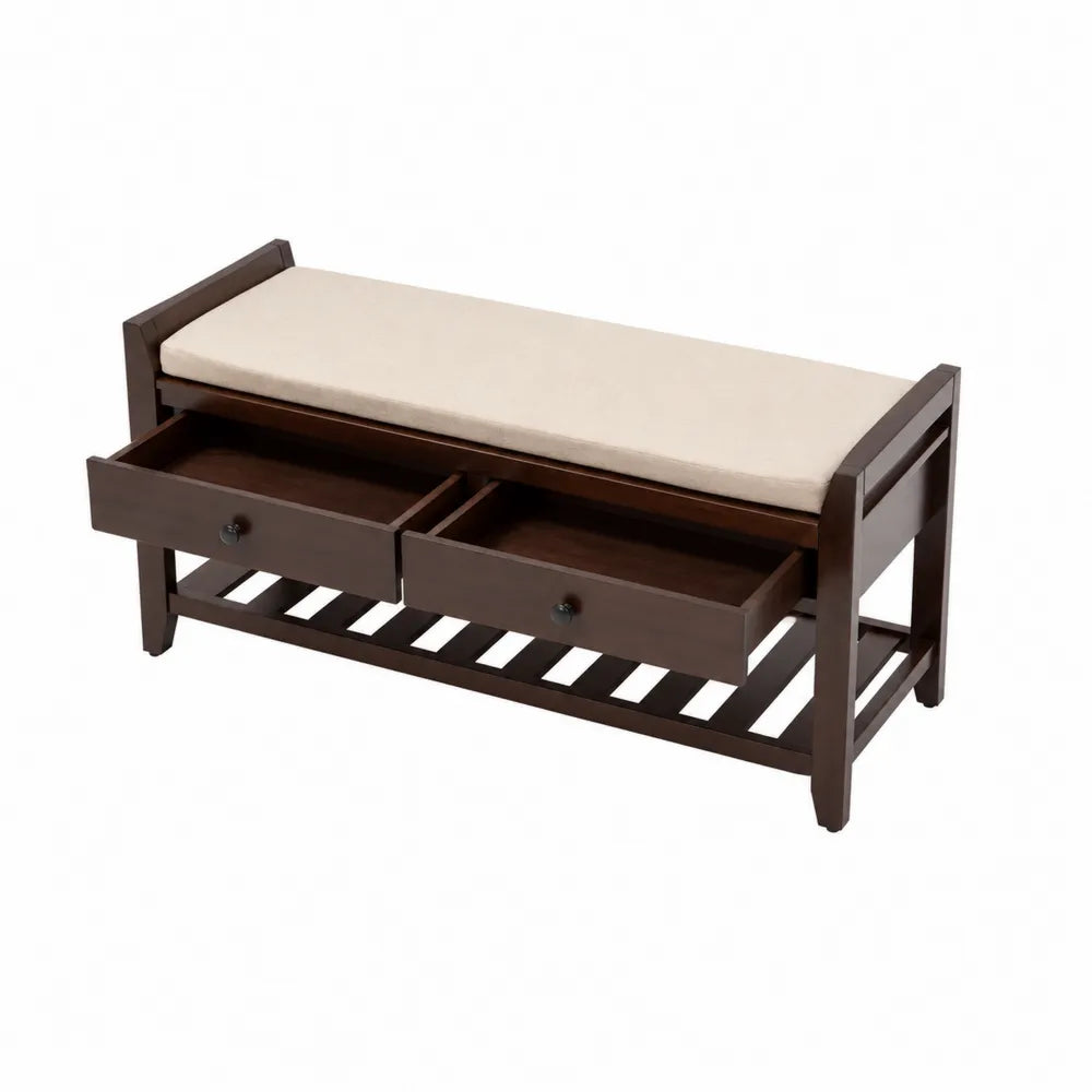 Panca in legno con cassetti e seduta in tessuto beige