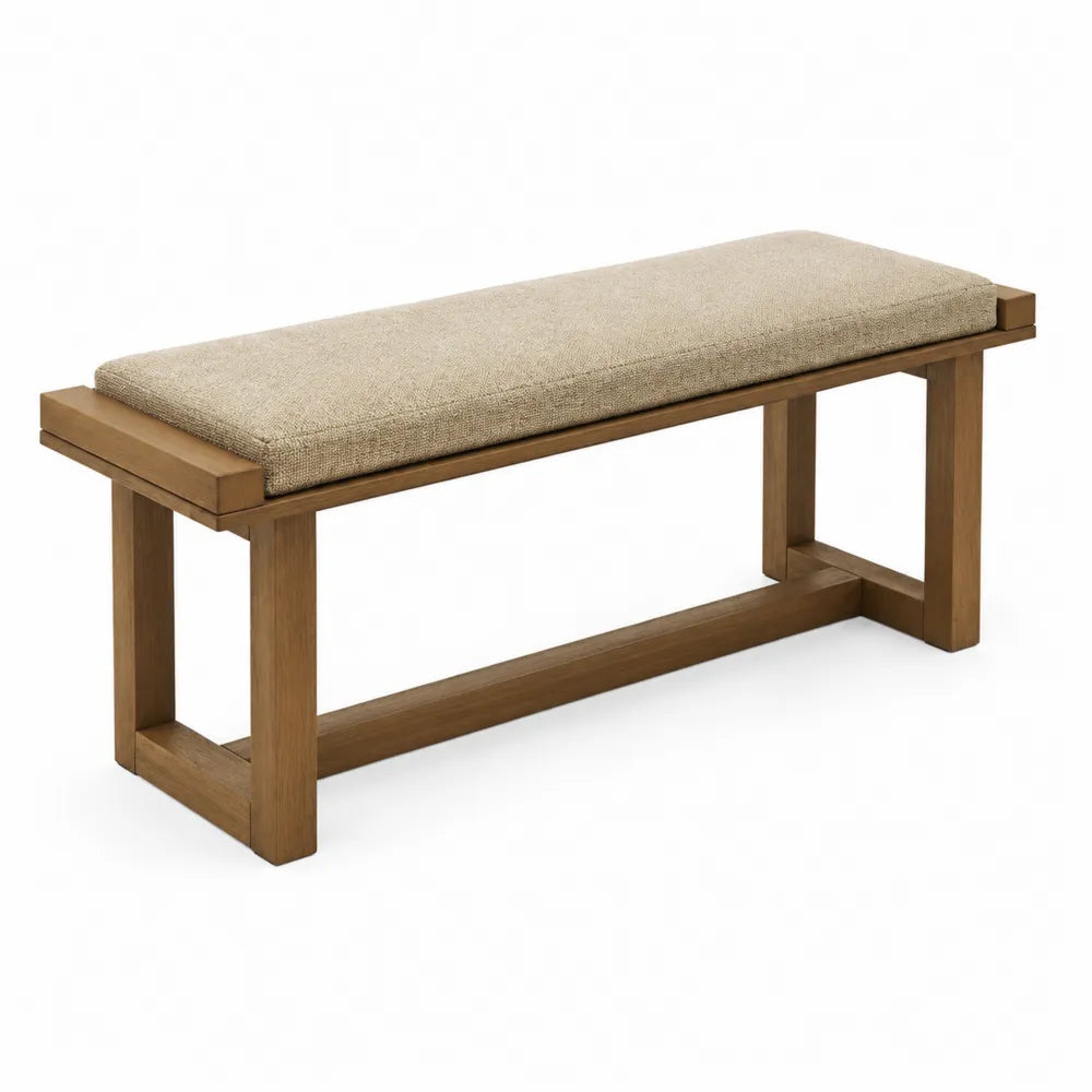 Panca da Interno in Legno con Cuscino in Lino Beige