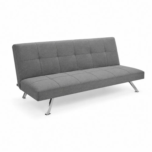 Divano letto in tessuto poliestere grigio con gambe in metallo cromato