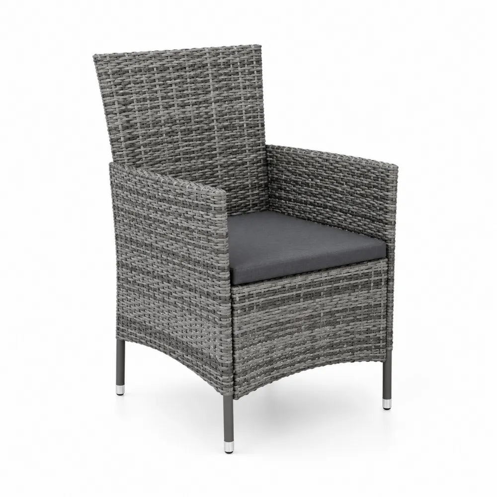 Sedia da esterno in metallo e rattan sintetico con cuscino grigio