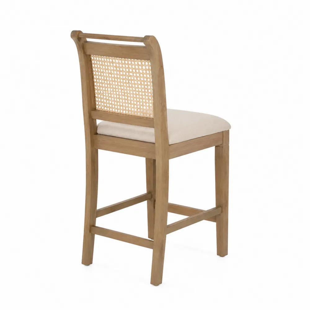 Sgabello da Bar in Legno, Schienale in Rattan, Seduta Imbottita