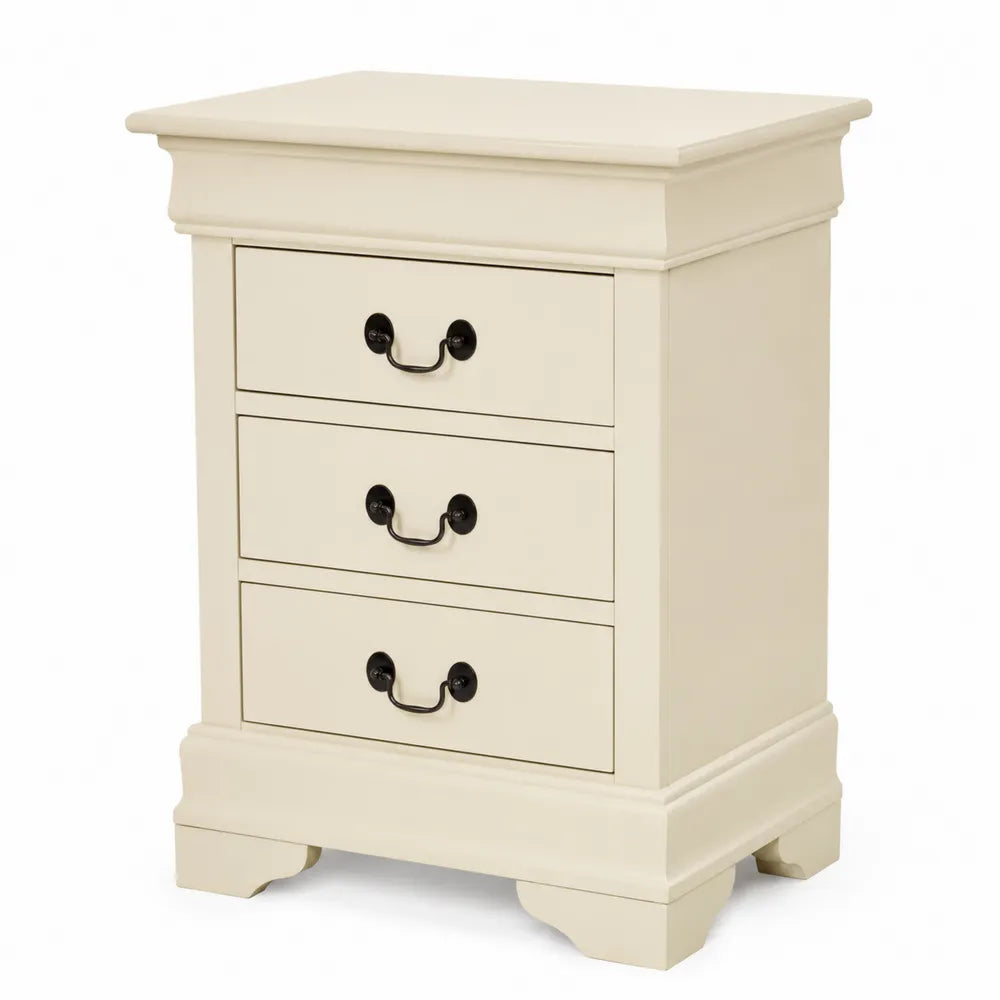 Comodino a 3 cassetti in legno con maniglie in metallo beige