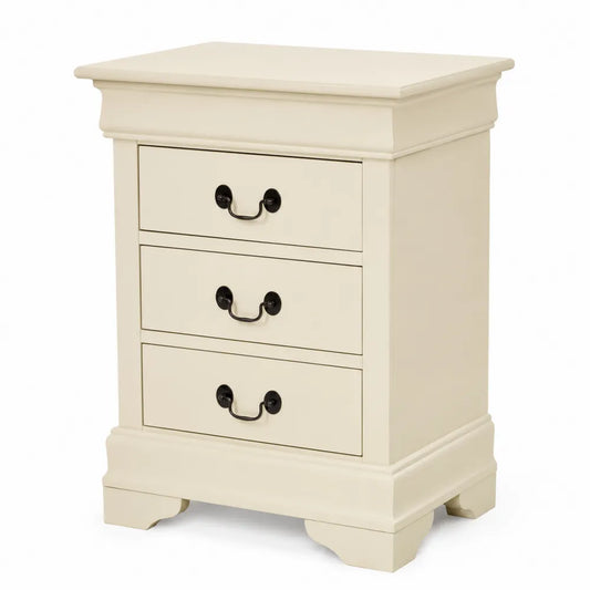 Comodino a 3 cassetti in legno con maniglie in metallo beige