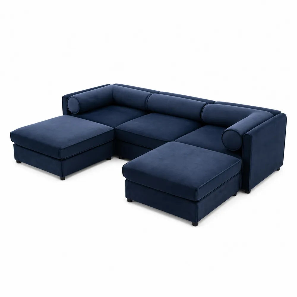 Divano angolare in tessuto blu con pouf