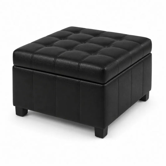 Pouf quadrato in pelle sintetica nera con coperchio imbottito 45x45x45 cm