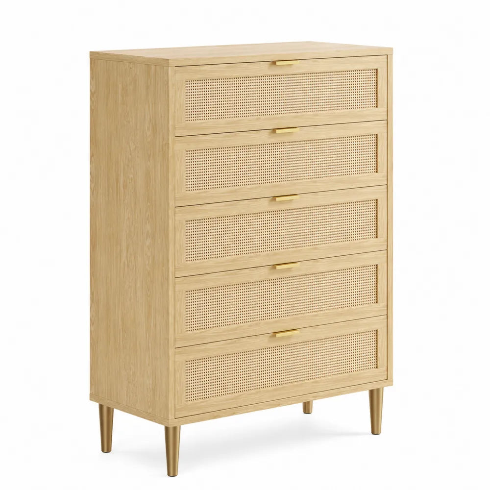 Cassettiera in Legno con 5 Cassetti e Frontali in Rattan