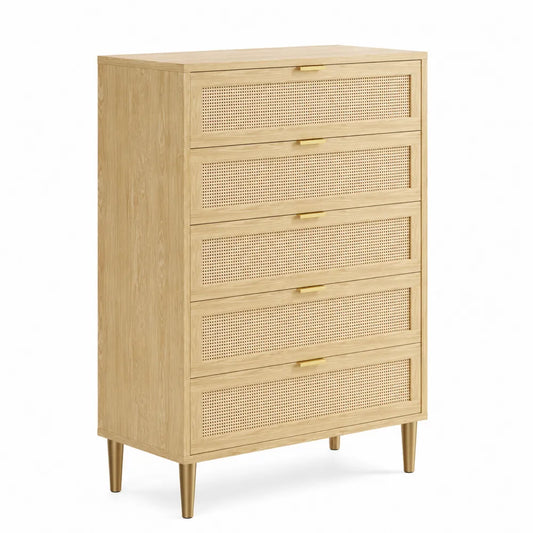 Cassettiera in Legno con 5 Cassetti e Frontali in Rattan