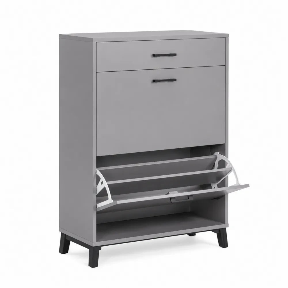 Scarpiera in Legno Melaminico Grigio con Ante Ribaltabili e Cassetto