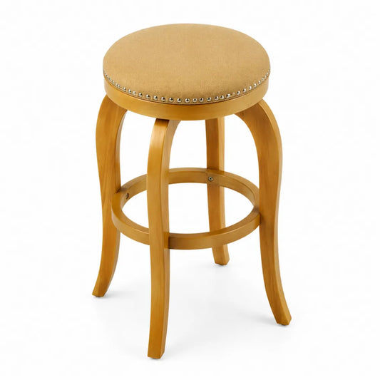 Sgabello da Bar in Legno con Seduta in Tessuto Beige